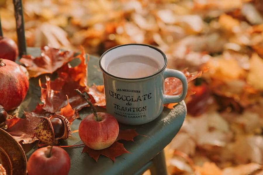 Una taza de chocolate caliente rodeada de hojas de otoño, manzanas y castañas sobre un taburete de madera. — Fall Apples Fondos de pantalla