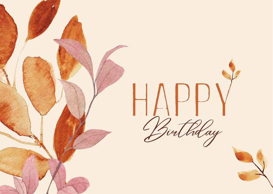 Happy Birthday greeting with watercolor autumn leaves on beige background — Fall Birthday Wallpaper