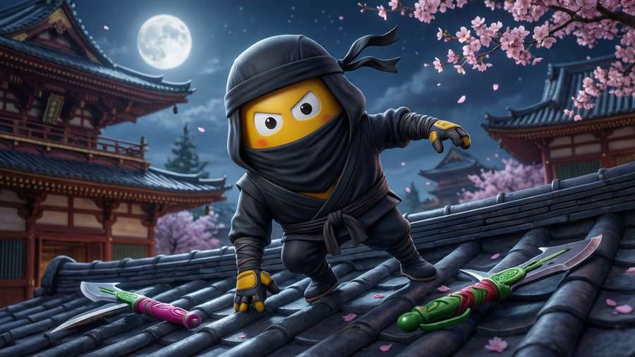 A ninja Fall Guys bean sneaks across a temple roof under cherry blossoms. — Fall guys ultimate knockout Picture