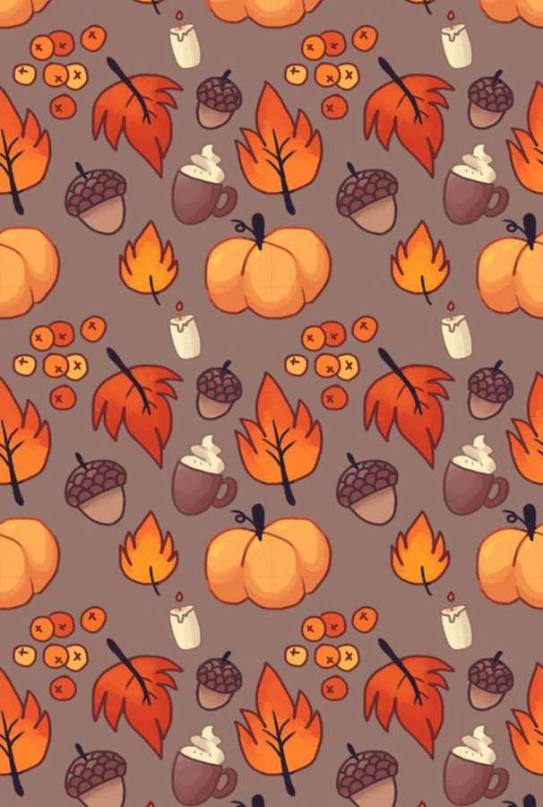 Autumn-themed pattern with pumpkins acorns leaves candles and hot cocoa cups. — Fall Halloween Wallpaper