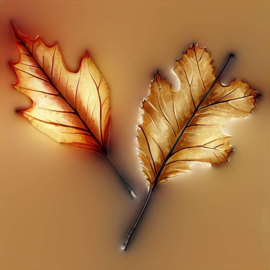 Two glowing autumn leaves with detailed veins on a warm gradient background. — Fall Leaf PNG