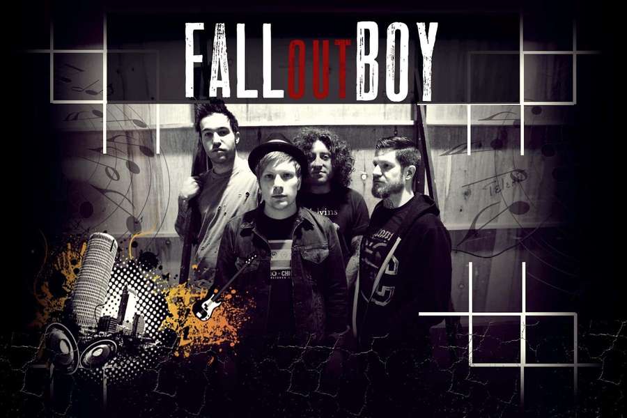 Fall Out Boy band members in a stylized promotional photo with graffiti and musical elements. — Fall out boy Wallpaper