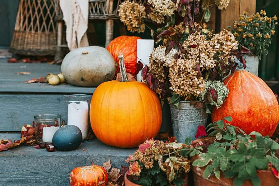Efterårsveranda dekoreret med græskar, tørrede blomster, stearinlys og nedfaldne blade. — Fall Pumpkins Wallpapers