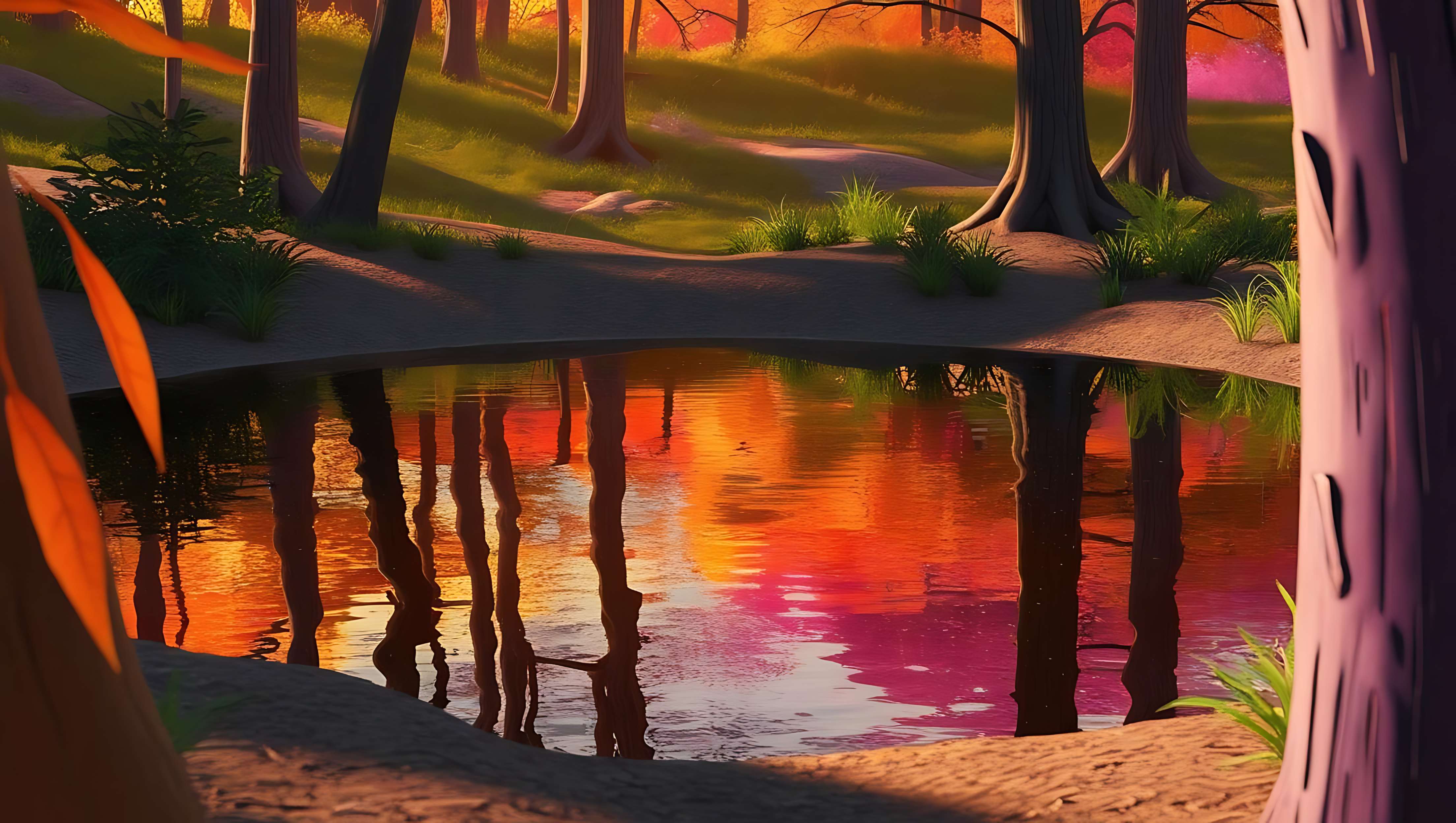 Forest pond reflecting vibrant sunset colors through tall trees — Fall Trees Picture