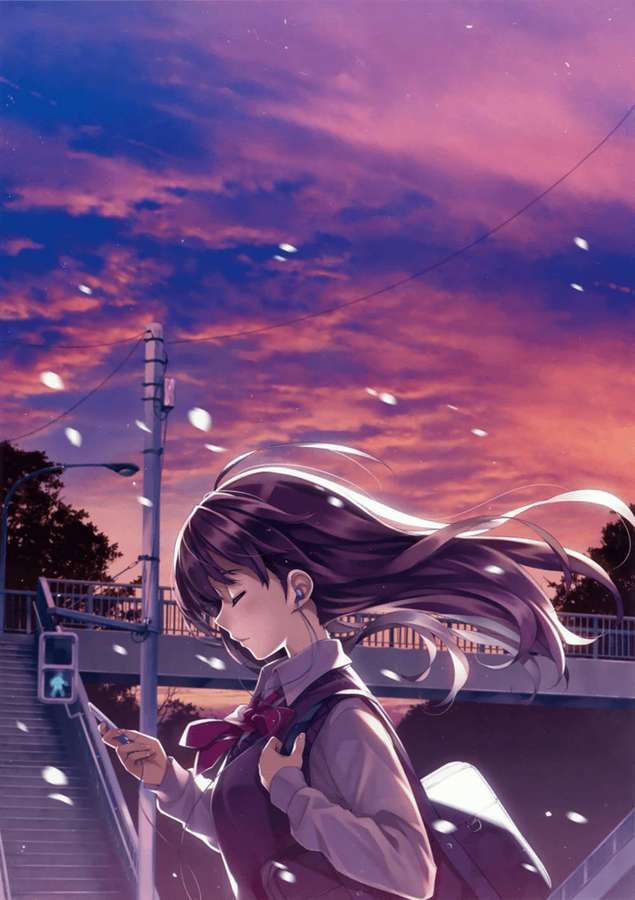 Anime-Mädchen auf Brücke in der Dämmerung schaut auf Handy mit wallendem Haar — Fallender Schnee Wallpaper