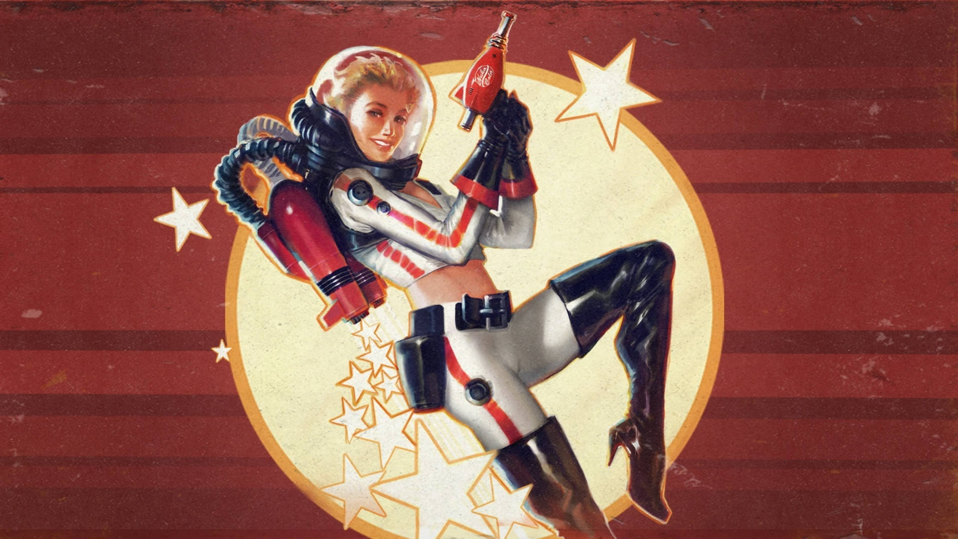 En retro pinup-kvinna i rymddräkt som håller en Coca-Cola-flaska med stjärnor. — Fallout 4 bakgrund Bakgrundsbilder