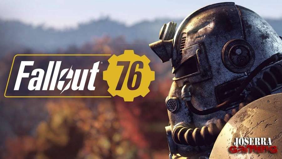 Fallout 76 Power-Armor-Helm im Herbstwald mit Spiellogo — Fallout 76 Wallpaper