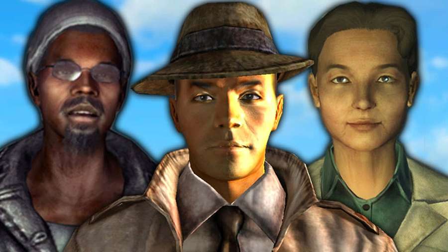 Three video game characters with serious expressions against a blue sky. — Fallout Characters Wallpaper