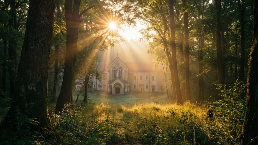 Sunrise in Fantasia's Ave Maria scene with a forest monastery. — Fantasia Picture