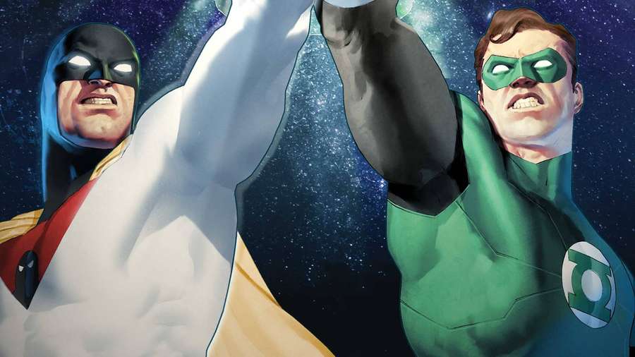 Dois super-heróis em combate em meio a uma cena espacial repleta de estrelas. — Fantasma do espaço Papéis de Parede