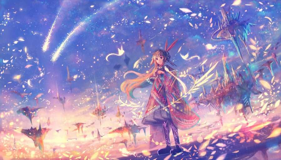 Anime-flicka i fantasirymd med glödande kristaller och fallande kronblad. — Fantasy Anime Bakgrundsbilder