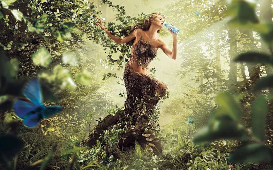 Una donna fatta di viti beve acqua in una foresta soleggiata con farfalle blu. — Fantasy Art Sfondi