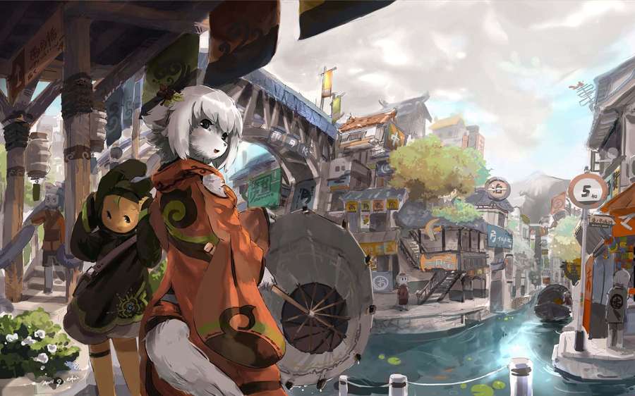 Zwei Anime-Figuren in einer japanischen Kanalstadt mit Booten und Brücken. — Fantasy Characters Wallpaper