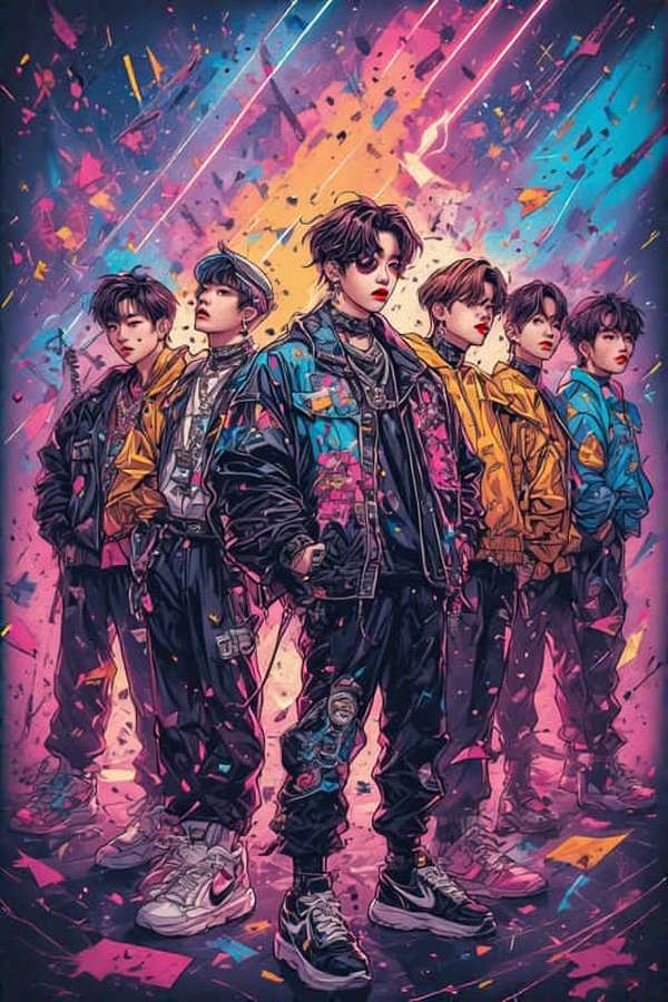 Six anime-style young men in trendy jackets pose against a colorful cosmic backdrop with confetti. — Fantasy Characters Picture