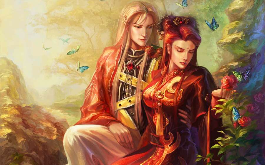 Two fantasy characters in ornate robes sit together among butterflies and roses. — Fantasy Love Wallpaper