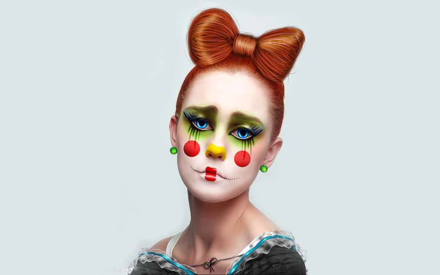 Woman with red hair bow and colorful clown makeup looking directly at viewer. — Fantasy Makeup Wallpaper