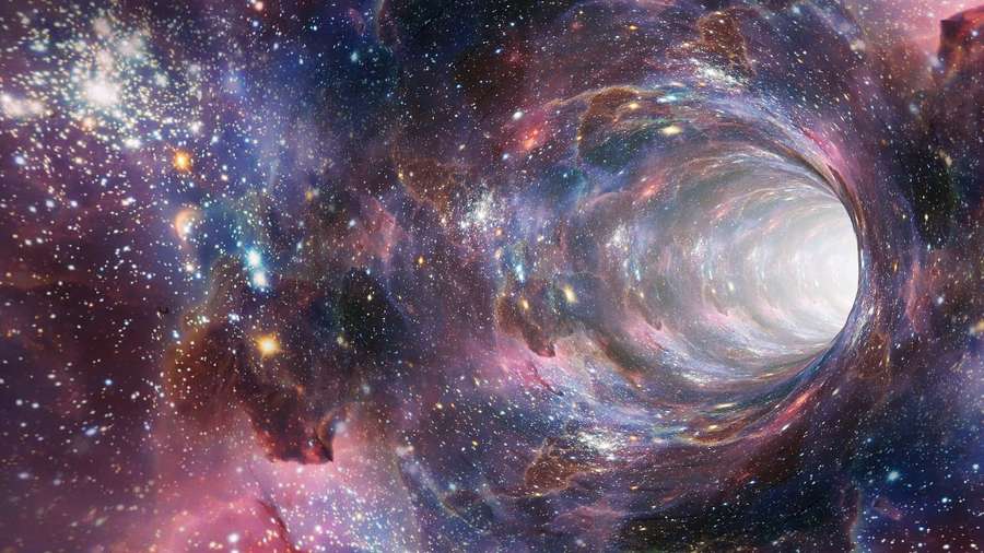Ein leuchtender kosmischer Tunnel durch einen farbenfrohen Nebel, gefüllt mit Sternen. — Fantasy raum Wallpaper