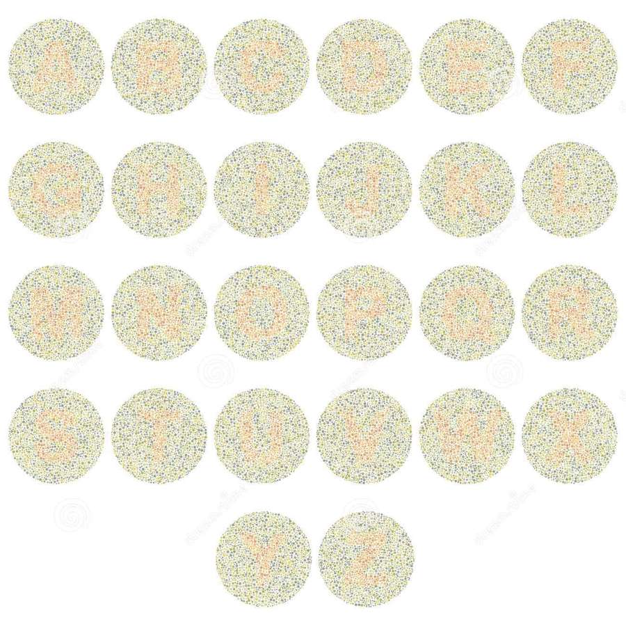 Medizinisches Sehtestdiagramm mit Buchstaben A bis Z, versteckt in Punktmustern zur Sehprüfung. — Farbblind testbilder Bild Bilder