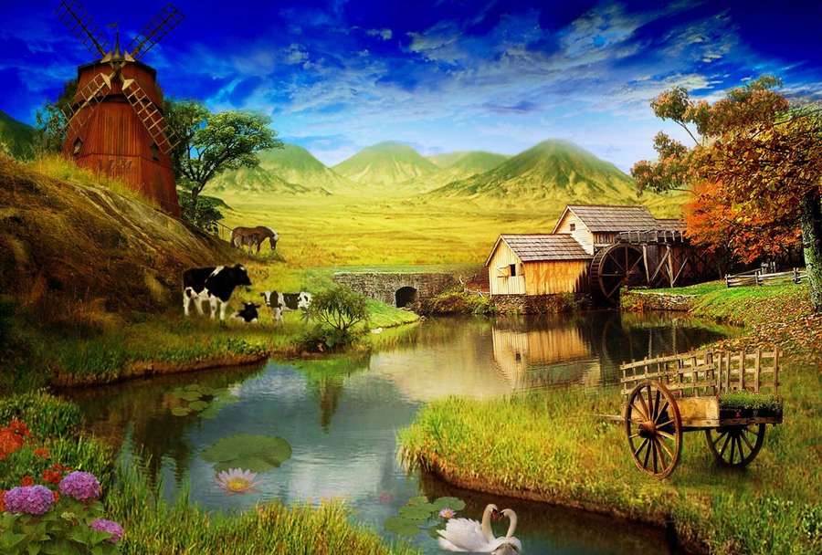 A picturesque countryside with a watermill, windmill, cows, swans, and a cart by a river. — Farm Background