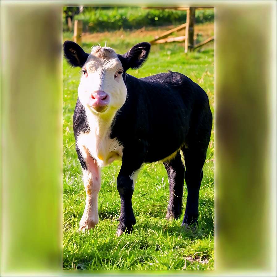 A black and white calf standing in a grassy field looking at the camera. — Farm PNG
