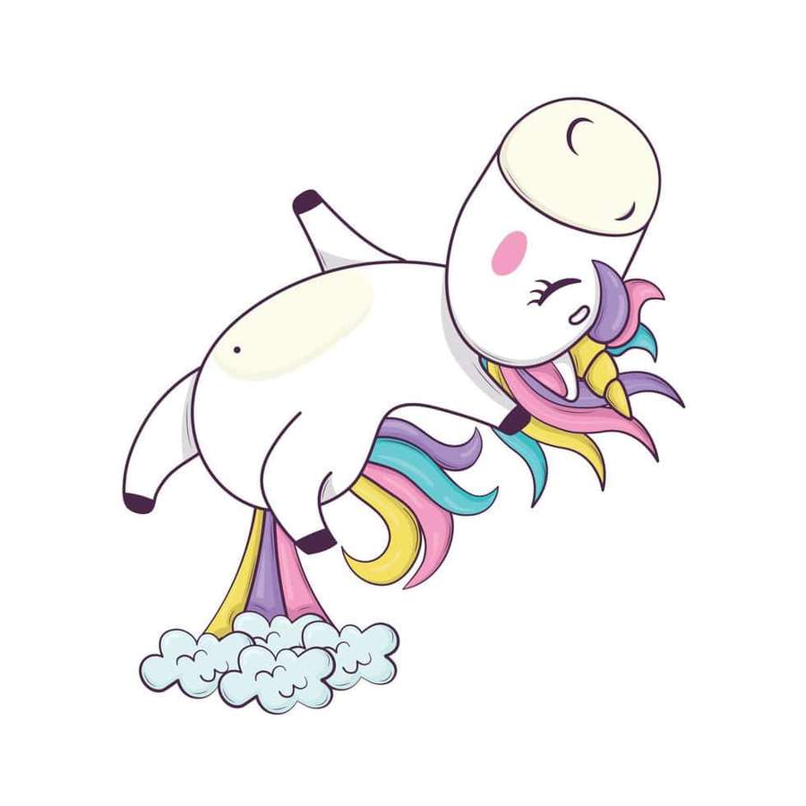 A cheerful cartoon unicorn with a rainbow mane leaping on clouds. — Fart Wallpaper