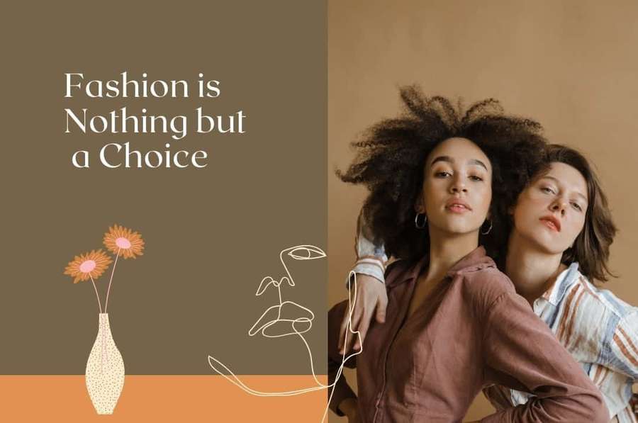 Zwei Frauen in stilvollen Outfits mit Text und floralen Illustrationen auf einem warmen Hintergrund. — Fashion Quotes Wallpaper