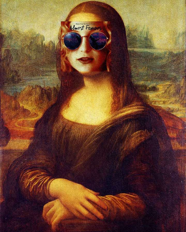 Mona Lisa mit Sonnenbrille, kosmischer Reflexion und 'Almost Famous'-Text. — Fast Berühmt Wallpaper