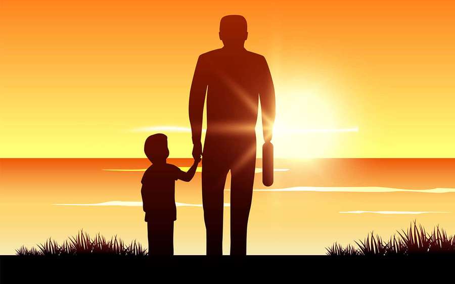 Father and child silhouetted holding hands at sunset over water. — Father Background