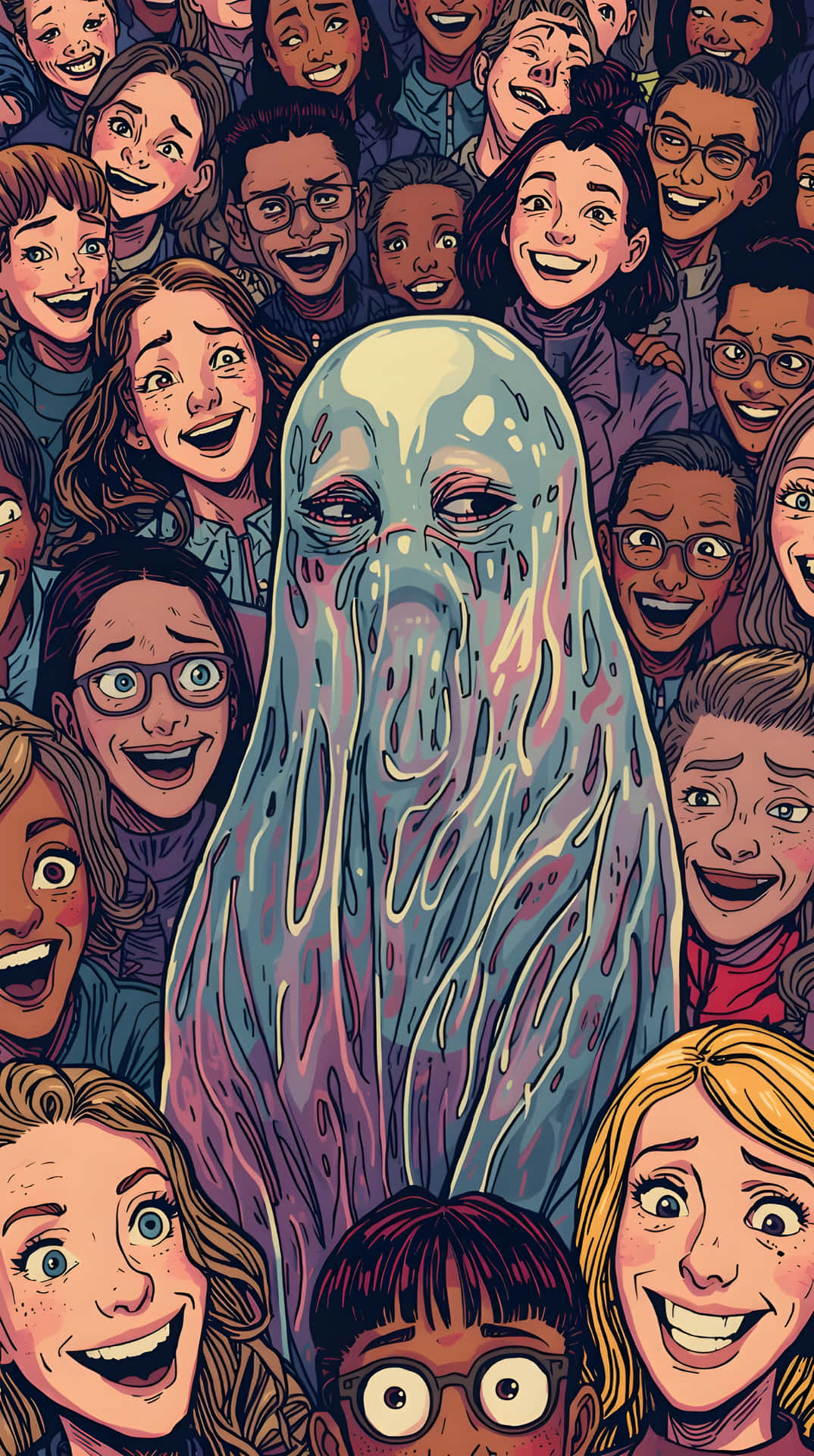 A ghost weeping surrounded by a joyful crowd of diverse smiling faces. — Fear Inside Out Background