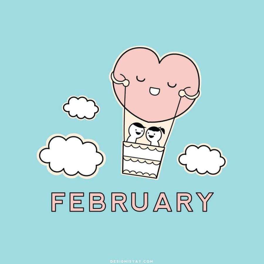A pink heart-shaped hot air balloon carrying two smiling faces floats among clouds with the word February. — February Background