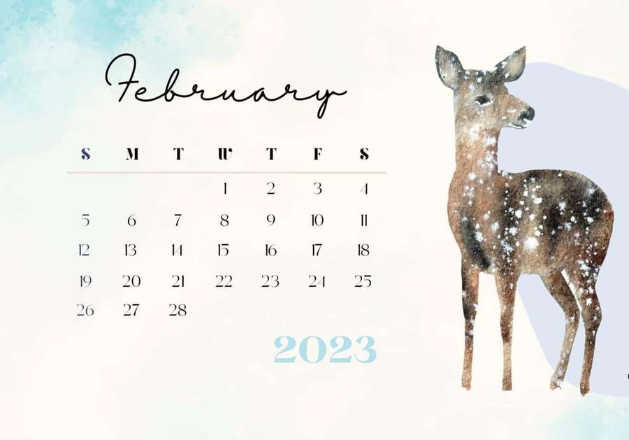 February 2023 calendar with a watercolor deer covered in snow. — February Calendar Wallpaper