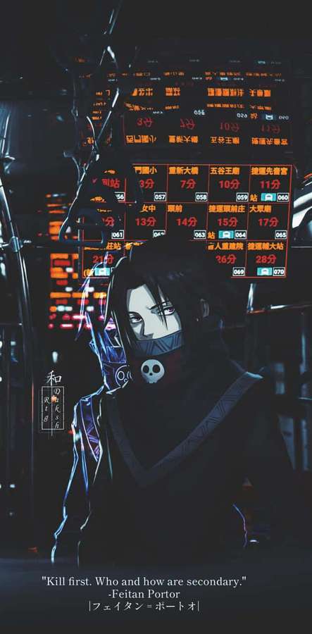 Anime character in subway station with glowing digital signs and skull mask. — Feitan Background