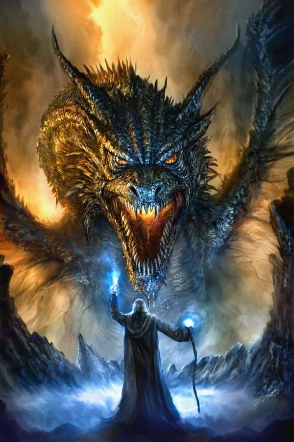 Um mago confronta um dragão gigante em uma cena de batalha de fantasia montanhosa. — Feiticeiro Papéis de Parede