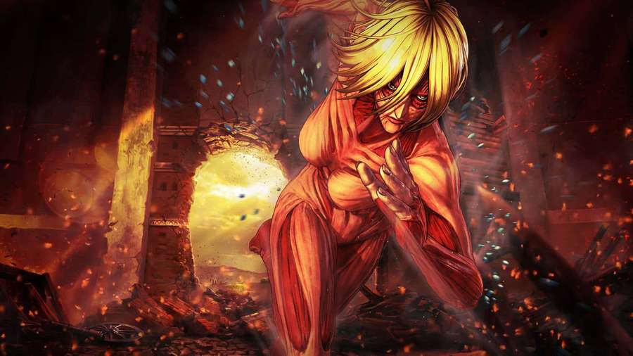 Anime titan with blonde hair lunges through fiery ruins at sunset. — Female Titan Wallpaper