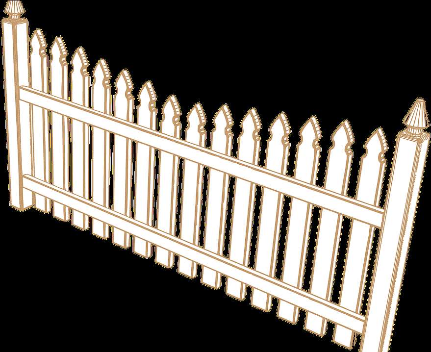White picket fence with gold outline on black background — Fencing PNG