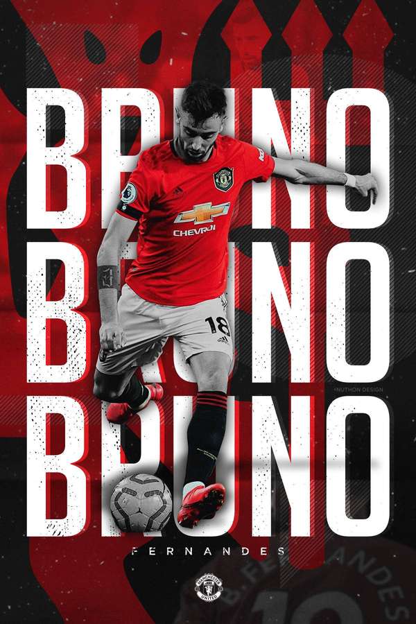 Bruno Fernandes in Manchester United jersey dribbling a soccer ball with his name in large text behind him. — Fernandes Wallpaper