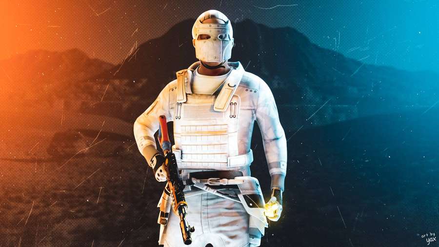 Um soldado futurista com equipamento branco segura um rifle e uma esfera brilhante contra um fundo de montanha. — Ferrugem Papéis de Parede