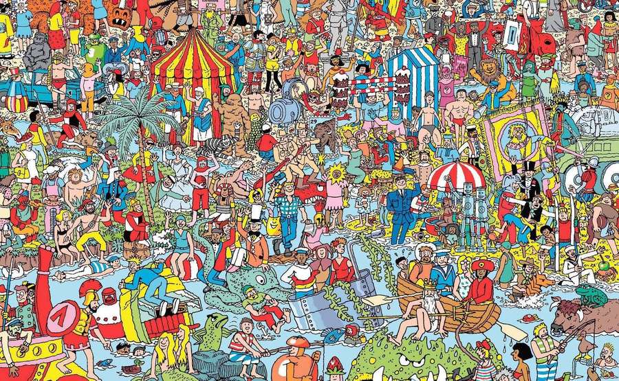 Una scena a fumetti affollata piena di persone, animali ed elementi circensi. — Festa Sfondi