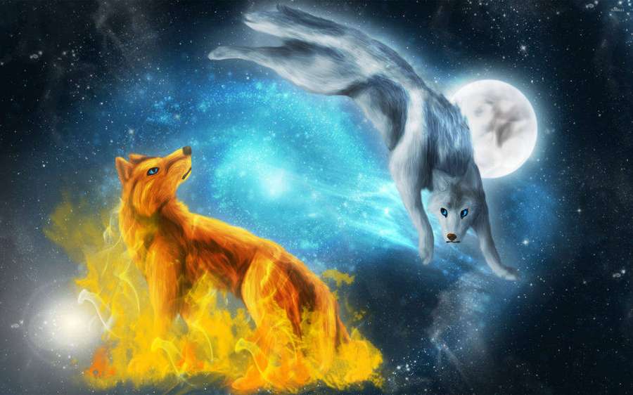 Ein von Flammen umgebener Fuchs steht einem springenden Wolf gegenüber, vor einem sternenklaren Nachthimmel mit Vollmond. — Feuer Und Eis Wallpaper