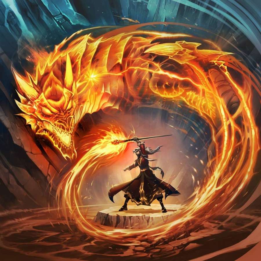 Krieger stellt sich einem massiven feurigen Drachen in einem glühenden Flammenring. — Feuerdrache Wallpaper