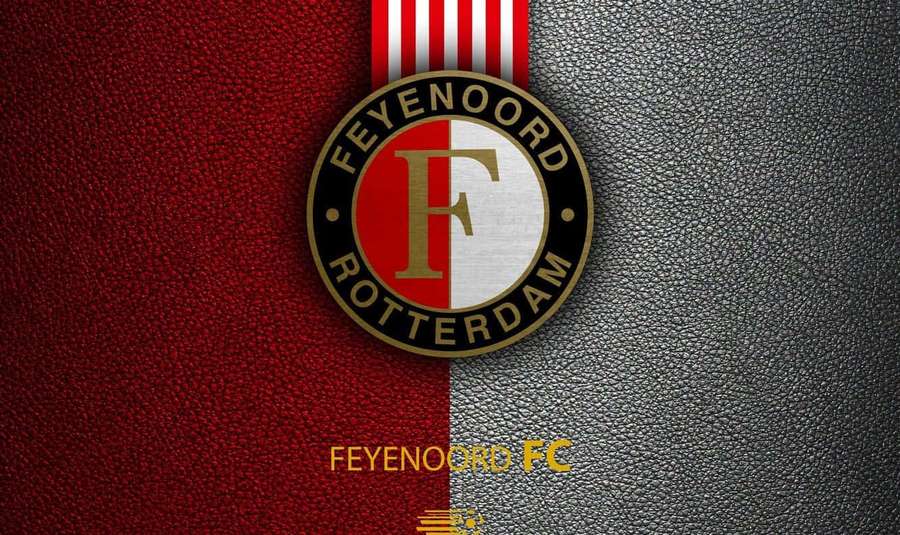 Feyenoord Rotterdam FC logo on red and black leather background with gold text. — Feyenoord Wallpaper