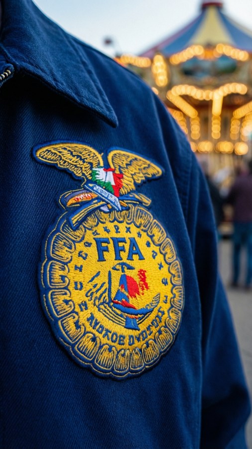 Close-up of FFA emblem embroidery on blue jacket with fairground bokeh. — Ffa Wallpaper