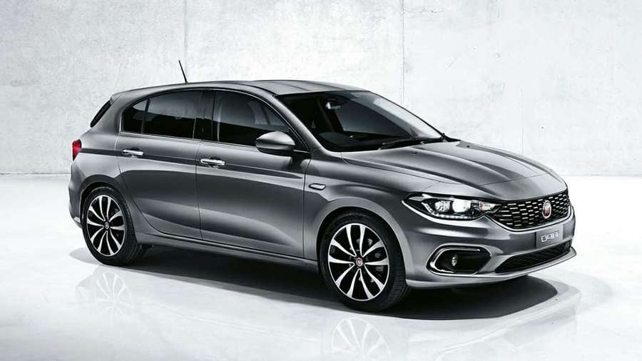 Silver Fiat Tipo hatchback in studio with reflective floor and concrete wall. — Fiat Tipo Wallpaper