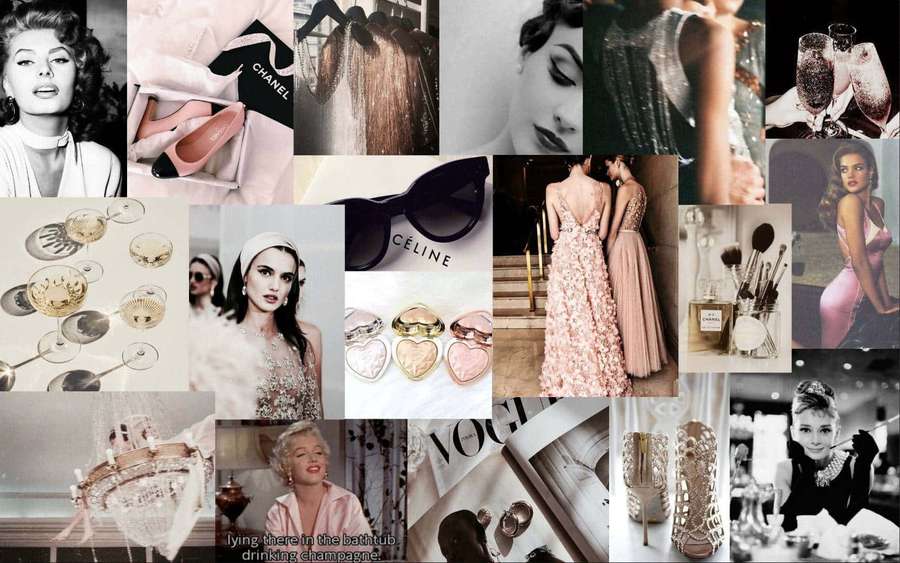 Collage de glamour vintage de Hollywood con champán, moda y actrices icónicas. — Fiesta Estética Fondos de pantalla