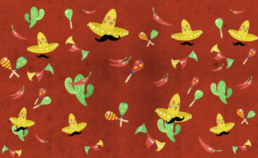 Festliche mexikanische Symbole schweben auf rotem Hintergrund. — Fiesta Hintergrundbild