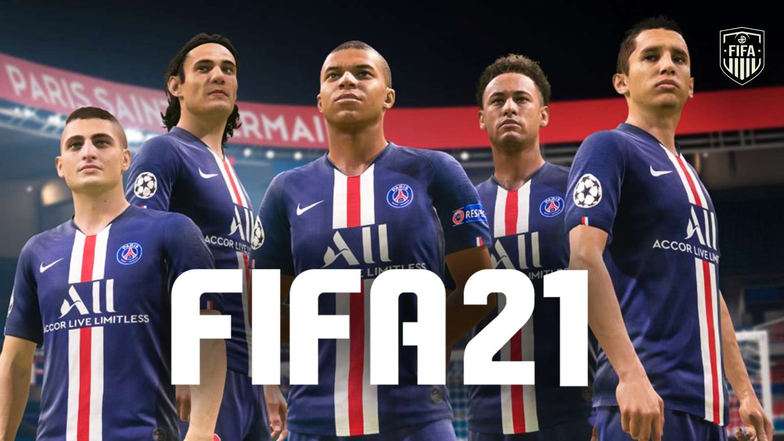 Five football players in Paris Saint-Germain jerseys pose for FIFA 21 game cover. — Fifa 21 Background