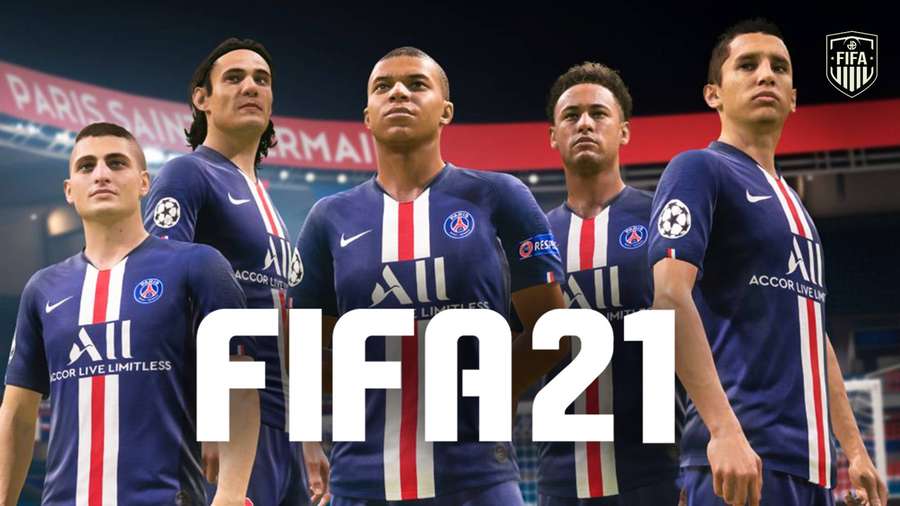 Five Paris Saint-Germain footballers in blue jerseys pose for FIFA 21 game cover. — Fifa 21 Wallpaper