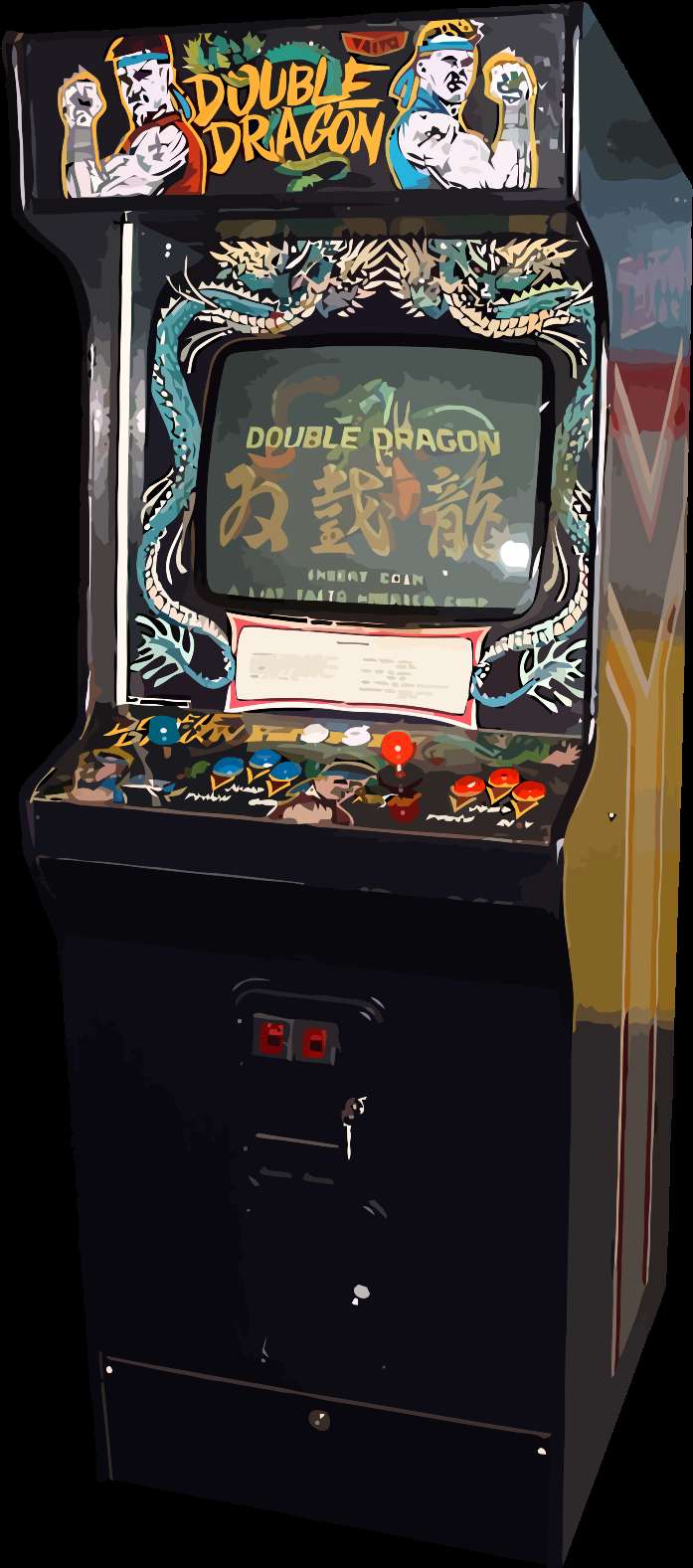 Classic Double Dragon arcade game cabinet with dragon graphics and control panel. — Fighting PNG