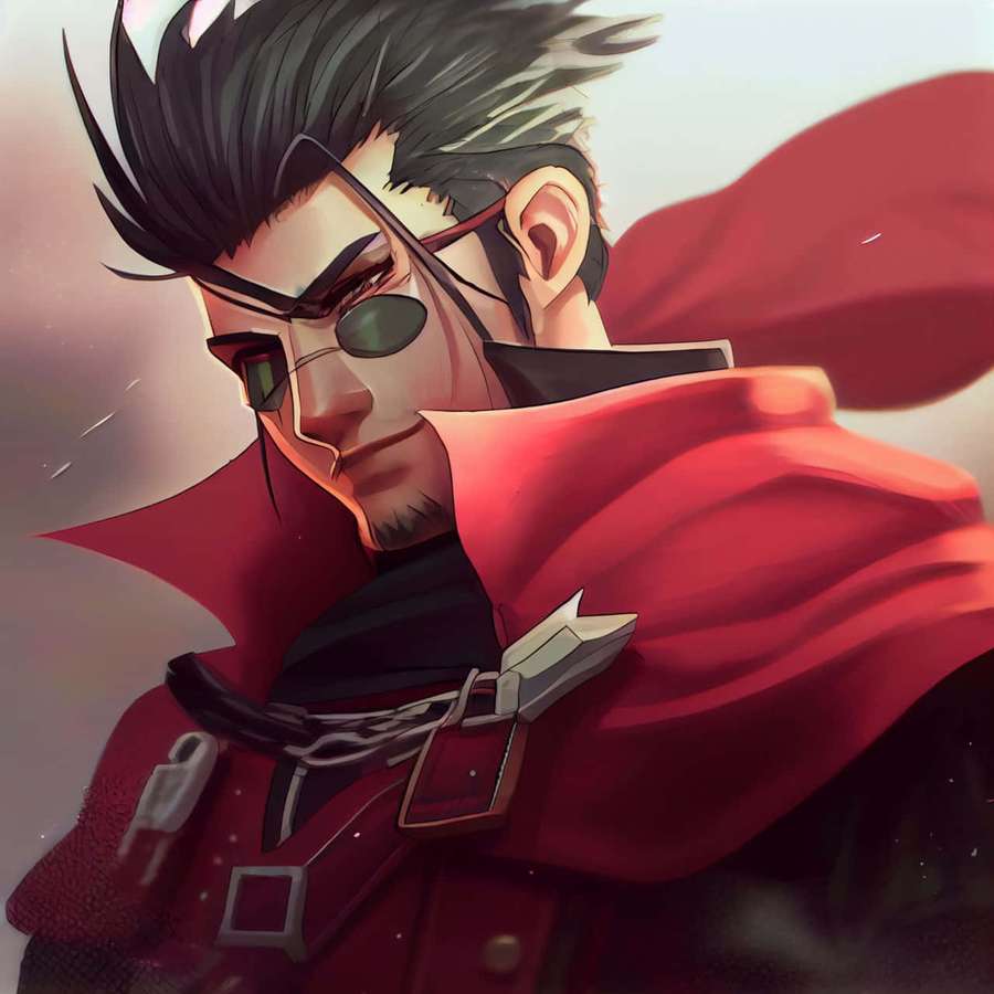 Anime-hahmo punaisella viitalla ja aurinkolaseilla virnistää itsevarmasti. — Final Fantasy Auron Taustakuvat