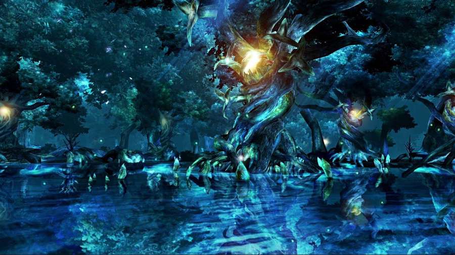 Mystischer leuchtender Baum im verzauberten Wald bei Nacht, gespiegelt im Wasser. — Final Fantasy Bilder